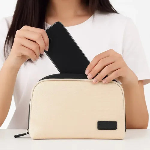 Kit Audífonos Bluetooth 5.49 Y Bolso Organizador Accesorios Beige