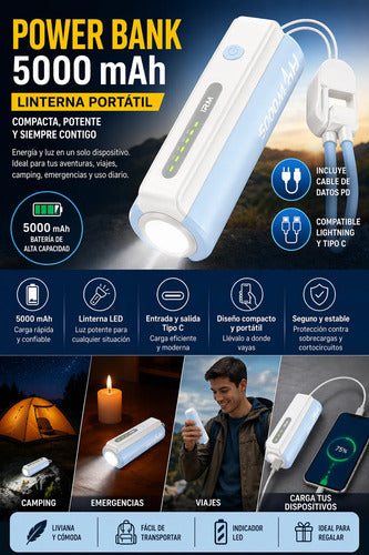 Batería Externa 5000mah R60 Con Linterna Portátil Y Cable