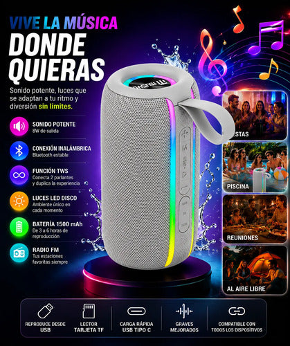 Parlante Bluetooth 8w Tws Luces Led Recargable Usb 1500mah