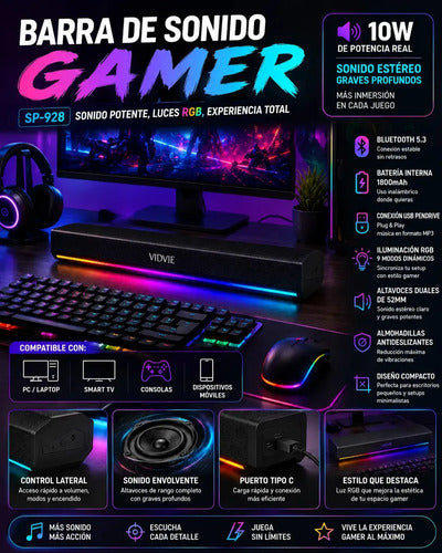 Barra De Sonido Gamer Diegmark Sp-928 Con Rgb Y Bluetooth Para Pc, Smart Tv Y Consolas Negro