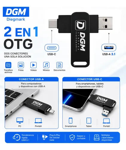Pendrive Flash Drive Otg 128gb Usb Usb-c 3.1 Alta Velocidad Negro Otg Dual Usb-c Usb-a