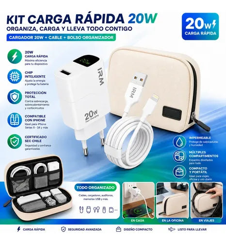 Kit Cargador Rápido 20w Para iPhone Con Bolso Organizador Blanco/beige