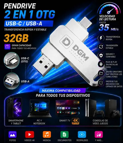 Pendrive Diegmark 32gb Usb C Y Usb A Para Smartphone, Tablet Y Pc Plateado Otg
