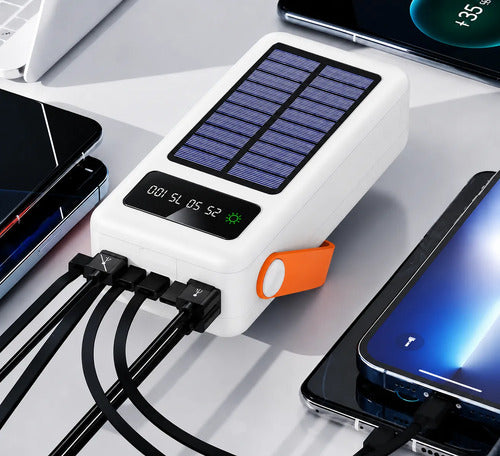 Power Bank Solar 40000mah Con Linterna Led Cables Integrados Blanco