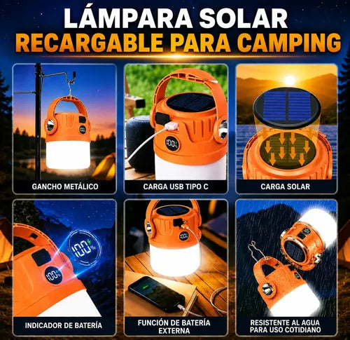 Lampara Solar Camping Farol Colgante Recargable Power Bank Naranja
