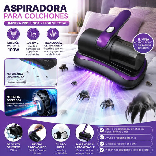 Aspiradora Potente Anti-ácaros Para Colchón Sofà Con Luz Uv Gris