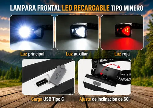 Linterna Frontal Led Recargable Luz Roja Y Sensor Movimiento