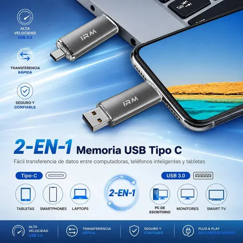 Pendrive Flash Drive Metálico Memoria Usb Otg Tipo C Usb 3.0 Irm 16gb Alta Velocidad Hasta 100mb/s Lectura Compatible Con Android Pc Notebook Tablet Smart Tv Plug And Play Transferencia Rápida Gris