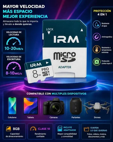Tarjeta Micro Sd Irm 8 Gb Clase 10 Con Adaptador Para Celulares Y Cámaras