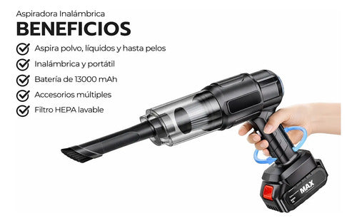 Aspiradora Inalámbrica 12v Portátil Para Auto Y Hogar Negro
