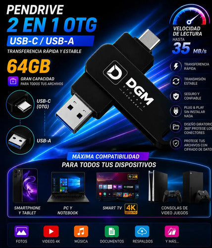 Pendrive Diegmark Otg 64 Gb Con Usb-c Y Usb-a Para Smartphone Y Pc Negro