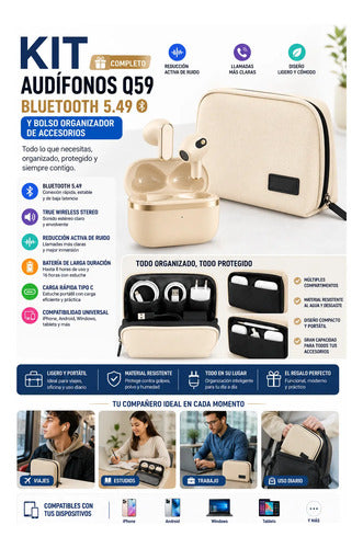 Kit Audífonos Bluetooth 5.49 Y Bolso Organizador Accesorios Beige