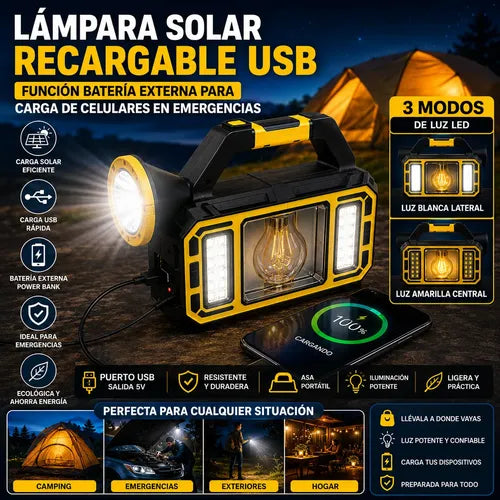 Linterna Solar Multifunción Portátil Luz Led Recargable Usb Blanca/ Amarilla Amarillo/negro