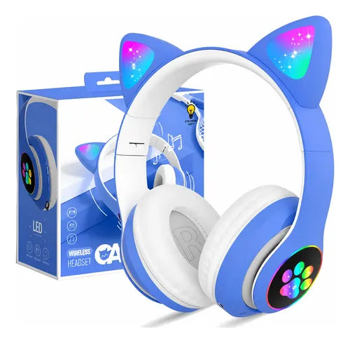 Audífonos Inalámbricos Orejas Gato Con Micrófono Recargables Azul