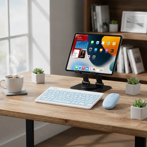Kit Teclado Mouse Bluetooth Soporte Metal 360° Para Tablet