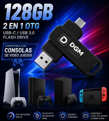 Pendrive Diegmark Otg 128gb 2 En 1 Usb C / Usb Para Smartphone Tablet Notebook Pc Smart Tv Consolas Respalda Tus Fotos,... Negro