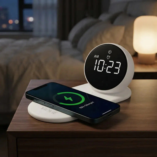 Reloj Despertador Digital Diegmark Con Carga Inalámbrica Y Altavoz Bluetooth Para iPhone Y Android Blanco