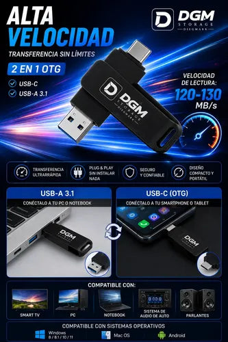 Pendrive Flash Drive Otg 256gb Usb 3.1 Usb C Alta Velocidad Negro Otg Dual Usb-c Usb-a