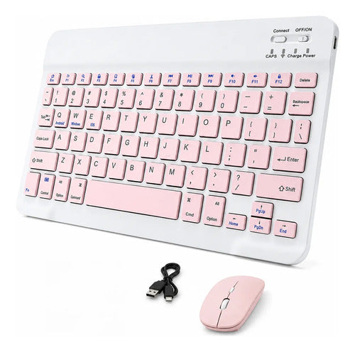 Kit Teclado Y Mouse Bluetooth Para Pc Tablet Y Celular Blanco/rosa Rosa Claro
