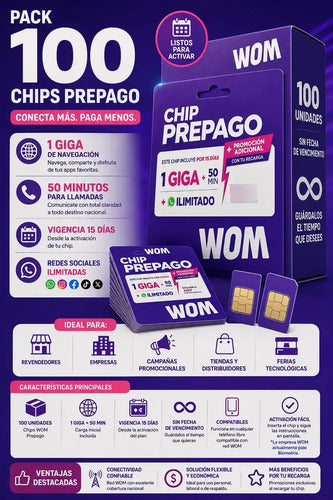 Chips Wom Prepago Pack 100 Unidades 3 En 1