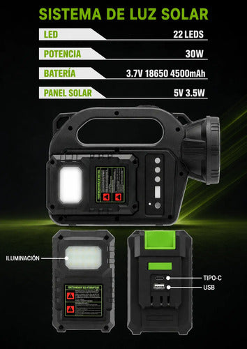 Sistema De Emergencia Iluminación Solar Portátil Recargable Negro