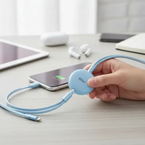 Cable De Carga Rápida Irm 3 En 1 De 100w, Retráctil Y Con Conectores Para iPhone, Micro Usb Y Tipo C Azul Claro