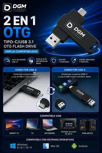 Pendrive Flash Drive Otg 64gb Usb Usb-c 3.1 Alta Velocidad Negro Otg Dual Usb-c Usb-a