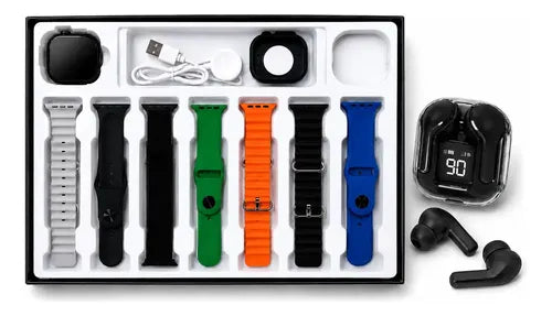 Kit Smartwatch D96 Plus Con Audífonos Inalámbricos Pantalla Led - 7 Correas - Carga Inalámbrica Pantalla Hd Regalo Ideal Fitness Notificaciones Compatible Android Ios Uso Diario Plateado 4 Colores