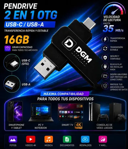 Pendrive Diegmark 16gb Otg 2 En 1 Usb C / Usb Para Smartphone Tablet Notebook Pc Smart Tv Consolas Respalda Tus Fotos,... Negro