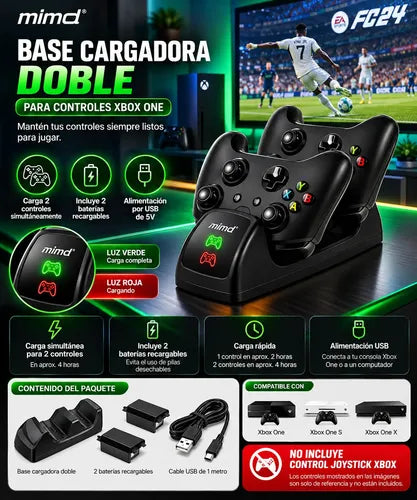 Base Cargador Doble Para Controles Xbox One S/x + 2 Baterias