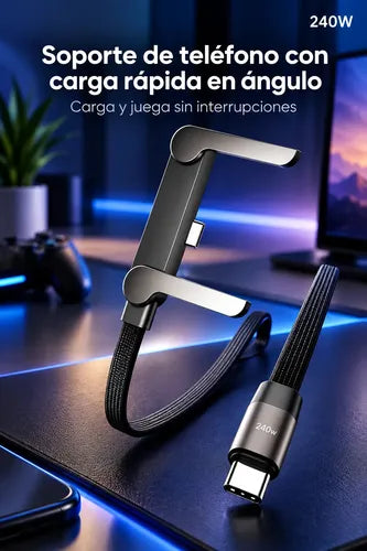 Cable Usb-c Carga Rápida 240w Con Soporte Plegable 2 En 1 Negro
