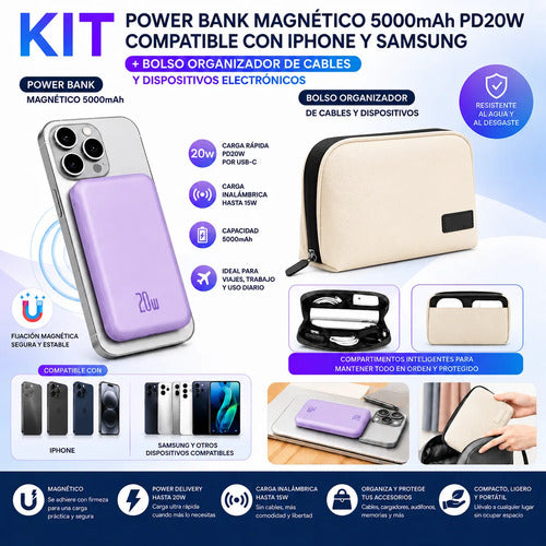 Kit Powerbank Magnético Para iPhone Samsung 5000mah + Bolso