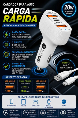 Cargador Para Auto De Carga Rápida Usb-c Con Cable, 20w Blanco