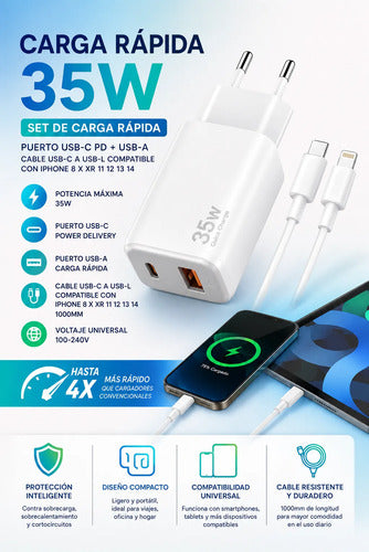 Cargador 35w Carga Rápida 2 Puertos Compatible Con iPhone Blanco