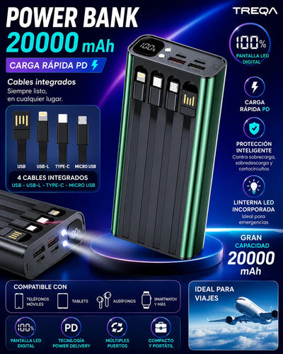 Powerbank 20000mah Carga Rápida Luz Led Cables Integrados Verde