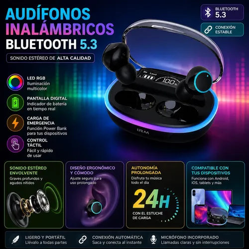 Audífonos In Ear Inalámbricos Bluetooth 5.3 Estuche Led Rgb Negro