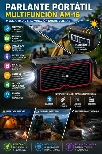 Parlante Portátil Solar 5w Radio Fm Linterna Led Recargable