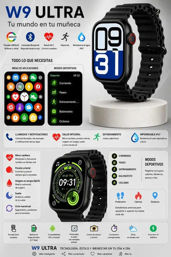 Smartwatch Diegmark W.9 Ultra Con Llamadas Bluetooth Y Monitoreo De Salud Para iPhone Y Android Negro Hebilla
