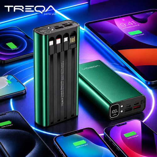 Powerbank 20000mah Carga Rápida Luz Led Cables Integrados Verde