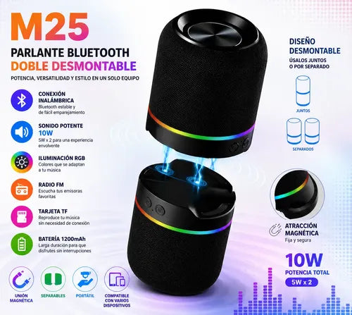 Parlante Inalámbrico M25 Doble Rgb Desmontable 10w Radio Fm