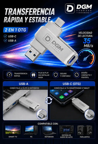 Pendrive Otg Diegmark 128gb 2 En 1 Usb C / Usb Para Smartphone Tablet Notebook Pc Smart Tv Consolas Respalda Tus Fotos,... Plateado