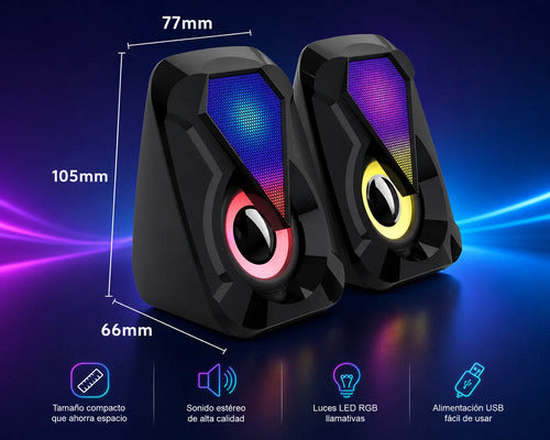 Parlantes Multimedia Para Pc Y Notebook Led Rgb Jack 3.5mm Negro