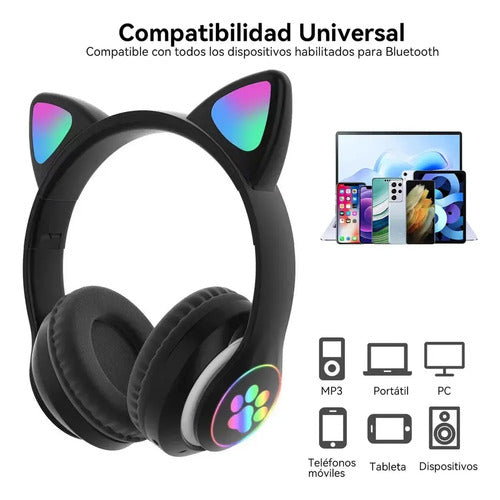 Audífonos Inalámbricos Orejas Gato Con Micrófono Recargables Negro
