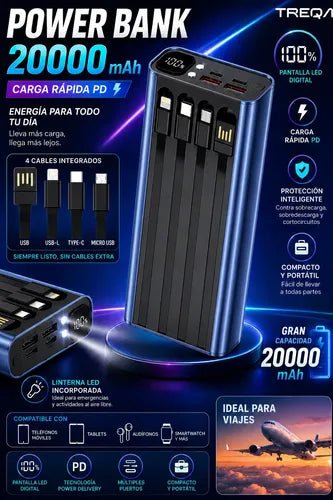 Powerbank 20000mah Carga Rápida Luz Led Cables Integrados