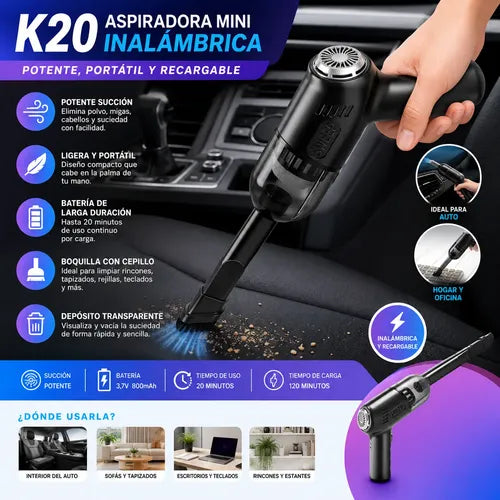 Aspiradora Inalámbrica Mini K20 Recargable Para Auto Y Hogar Negro