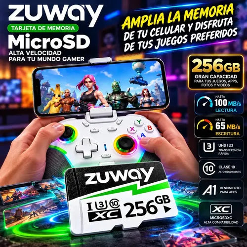 Tarjeta De Memoria Microsd Zuway 256gb Clase 10 U3 A1 Alta Velocidad 100mb/s Premium Compatible Con Nintendo Swicht 1, Video 8k, Celulares, Tablets, Cámaras De Seguridad Y Deportivas, Uso Profesional