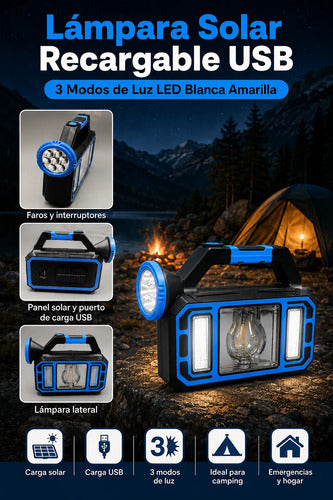 Linterna Solar Multifunción Portátil Luz Led Recargable Usb Blanca/ Amarilla Azul Negro