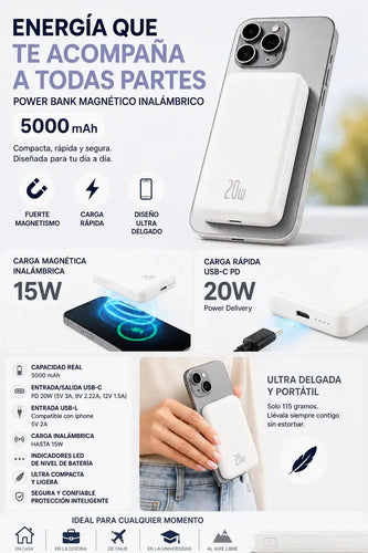Power Bank Magnético Inalámbrico De 5000mah Con Carga Rápida Pd20w Para iPhone Y Android Blanco