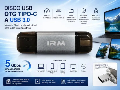 Pendrive Flash Drive Metálico Memoria Usb Otg Tipo C Usb 3.0 Irm 16gb Alta Velocidad Hasta 100mb/s Lectura Compatible Con Android Pc Notebook Tablet Smart Tv Plug And Play Transferencia Rápida Gris