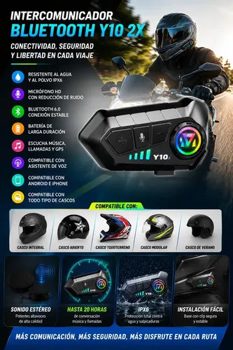 Intercomunicador Diegmark Y10 2x Bluetooth 6.0 Para Cascos De Moto Con Reducción De Ruido Y Resistencia Ipx6